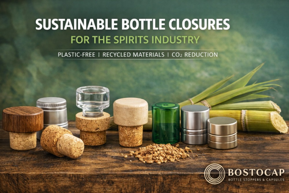 Sustainable bottle closures for the spirits industry including cork, wood, glass and aluminum  